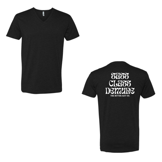 The Bitter Gay - Sass Class Demure - Unisex Soft Vneck - The Bitter Gay Co.